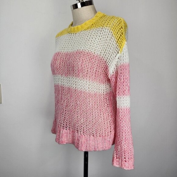 Sundance Julia Stripe Sweater Womens M Pink White Yellow Pullover Open Knit Crew - Picture 2 of 9